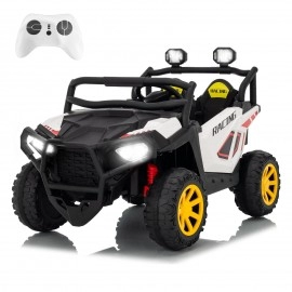 24V Electric UTV is perfect for kids aged 2-8, featuring a spacious two-seat design with safety belts for up to 120 lbs